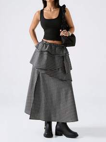 LYSMO 女士格子印花荷叶边开衩休闲半身裙 - 藏蓝色 - 查看 7