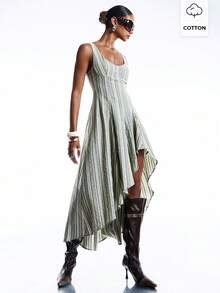 LYSMO Đầm nữ dáng suông kẻ sọc, vạt bất đối xứng, thích hợp cho mùa hè. - màu xanh lá - Xem 3