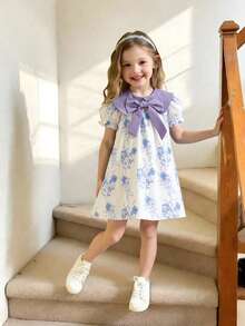 Young Girl Bowknot Floral Pattern Cute Dress - Multicolor - View 3