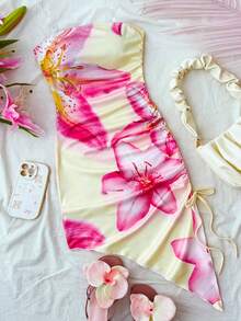 SHEIN Tween Girl Floral Print Ruched Twist Front Dress, Fashionable For Dates Vacation And Parties,Kids Holiday Pale Yellow Summer Tropical - Yellow - View 3