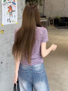 DAZY Women's Casual Letter Print Round Neck Short Sleeve T-Shirt, Summer Graphic Tees Women - Purple - View 2