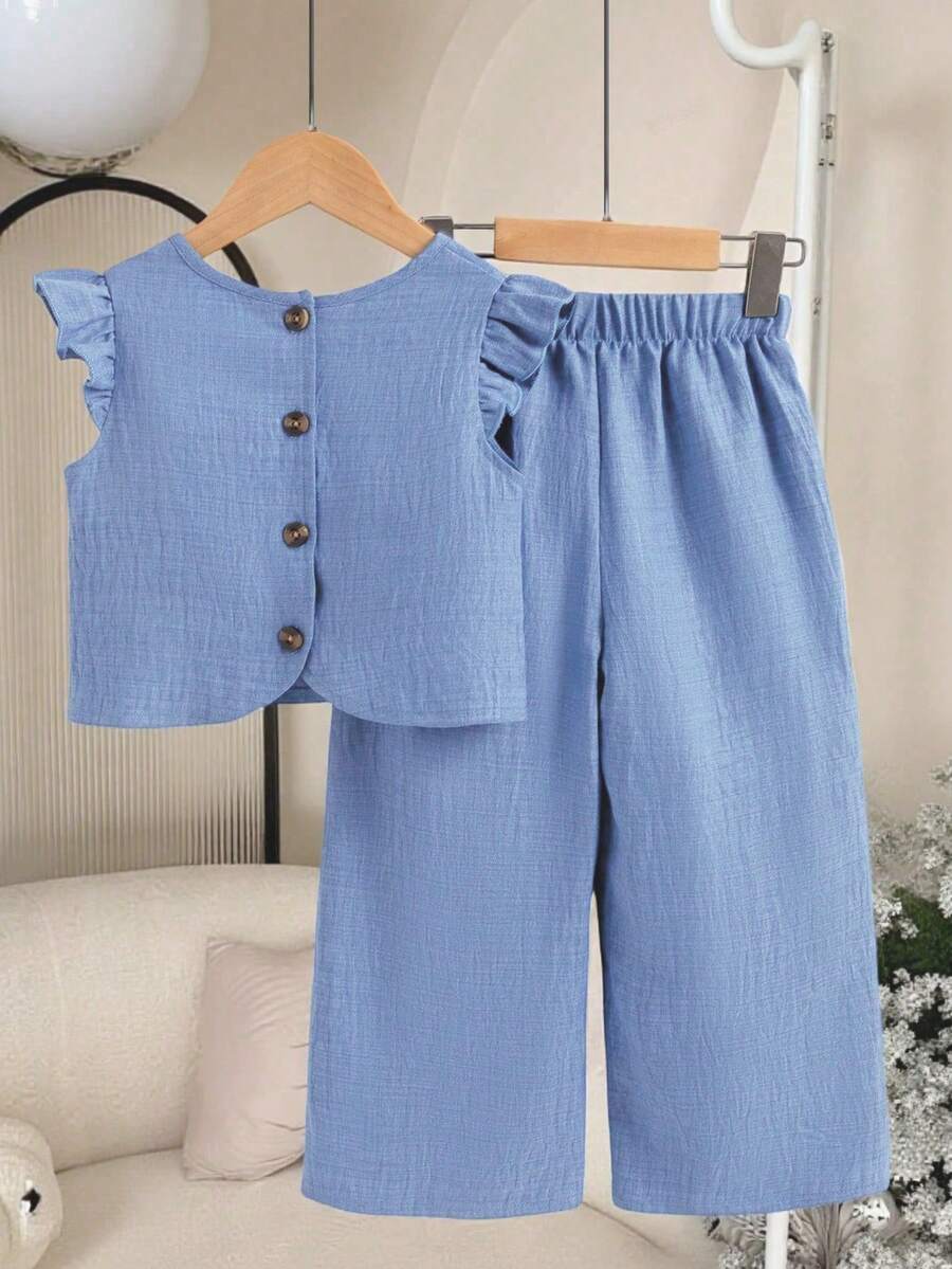 Elladie kids 女童(小号)纹理面料短袖T恤,后背纽扣设计,搭配休闲长裤套装 - 淺藍色 - 查看 1