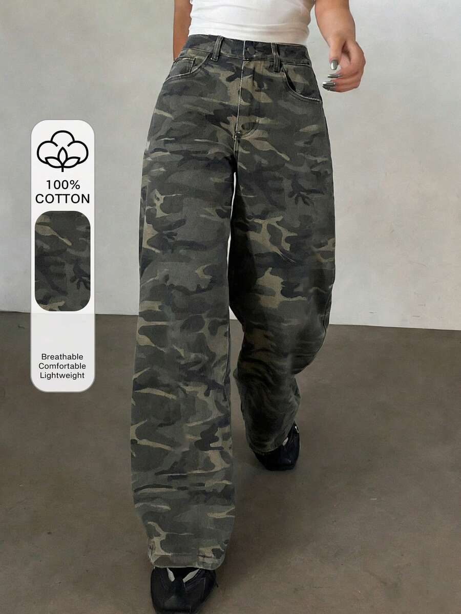 DAZY Quần jeans ống rộng dài, bạc màu, phong cách vintage, bạc màu như râu mèo. - màu xanh lá - Xem 1
