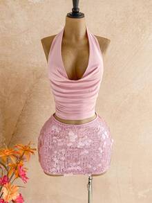 Soleia 2pcs Pink Sequin Vacation Set For Women Spring To Summer Easter Carnival Carnival Costume  Party Beach Wedding Beach Graduation Pink Two Piece Set Sequin Two Piece Set Pink Skirt Set Pink Vacation Outfit Pink Beach Outfit   Sequin Dress Pink Top Sparkle Two Piece Set Pink Outfit Women 2 Piece Two Piece Set Women Party Birthday Outfits For Women Two Pieces - Baby Pink - View 1