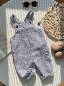 SHEIN 男女宝宝通用款休闲可爱条纹连体裤，婴儿背带裤，春夏款 - 藍色 - 查看 3