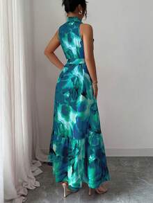 Elenzga 女士印花单排扣荷叶边无袖连衣裙，适合度假 - 綠色 - 查看 2