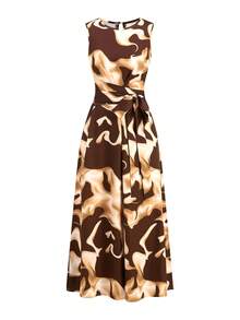 Ellevyn Vacation Casual All-Over Print Belted Sleeveless Dress - Brown - View 6
