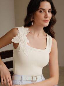 Anewsta Top de tirantes acanalado sin costuras con bordado de moda - Beis - Ver 2