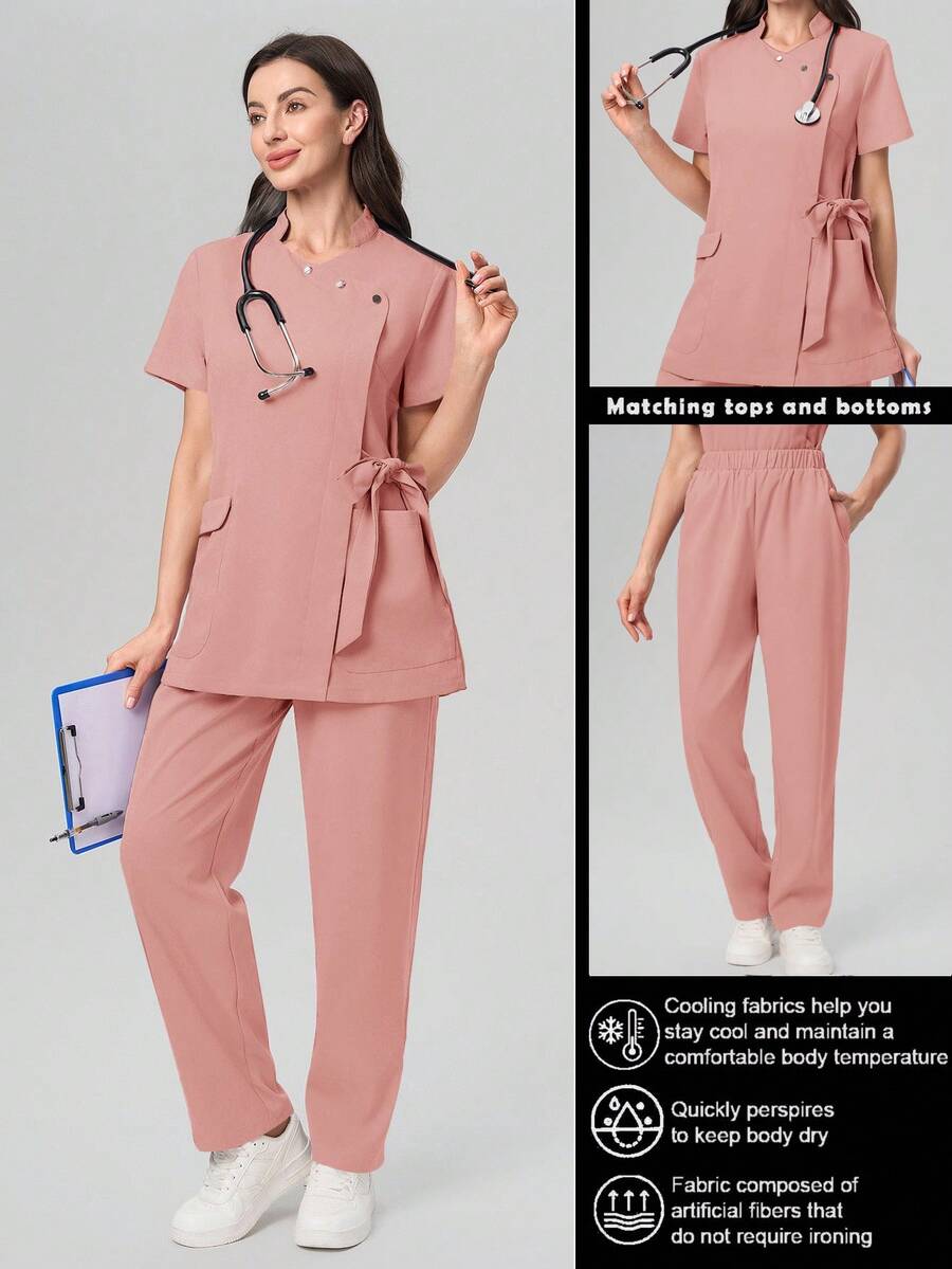 Scrubzie Anti-Wrinkle Short Sleeve Tie-Up Long Shirt And Long Pants Scrub Uniform Set - Dusty Pink - View 1