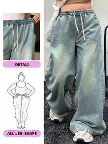 Dazy Plus Plus Size Elastic Waist Drawstring Tie Loose Wide Leg Vintage Washed Faded Long Denim Jeans, All Season,Baggy Jeans - Light Wash - View 1