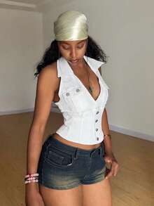 Jeanoix 夏季女士性感露背吊带牛仔上衣 - 白色 - 查看 3