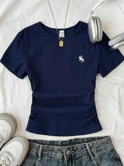 Teen Girls All-Match Crew Neck Elastic Fitted Short Sleeve T-Shirt, Comfortable & Versatile Navy T Shirt For Girls Preppy Outfit Set Navy Blue Sweater Cute Stitched Tops Teen