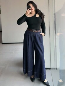 Dazy Plus 大码女式深色水洗宽松阔腿牛仔裤，有明显的接缝，适合所有季节 - 深色水洗藍 - 查看 3