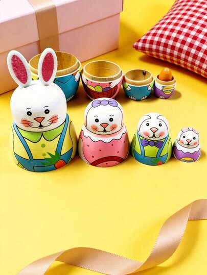 Zazumi 1 pieza, muñecas apilables de madera hechas a mano con patrones de conejo de dibujos animados coloridos, adecuadas para coleccionar, apilar, música, adornos, Pascua, San Valentín, Día de San Patricio, cumpleaños, regalos para fiestas, decoraciones del hogar y almacenamiento de artículos pequeños