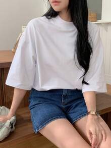 DAZY Women's Loose Casual Business Short Sleeve T-Shirt, Stand Collar, Fashion Office Wear, Spring & Summer - White - View 5