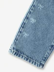 Baby Girl Korean Soft Style Washed Denim Wide Leg Pants With Butterfly Print, Loose Fit, Pockets, Comfortable Blue Jeans - Light Wash - View 6