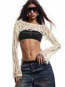 LYSMO Áo len chui đầu dài tay cổ thuyền màu trơn gợi cảm cho nữ - Màu be - Xem 7