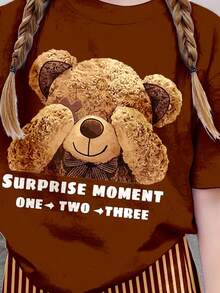 少女圆领字母卡通印花短袖T恤搭配条纹短裤，休闲日常穿搭 - 彩色 - 查看 3