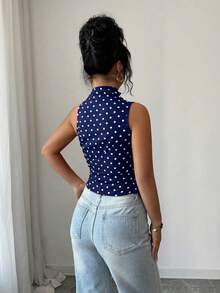 Rafferiza Tank Top Wanita Motif Polkadot Merah dengan Hem Asimetris dan Potongan Pas Badan - Navy Blue - View 2