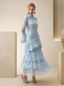 Anewsta 女士优雅褶皱下摆收腰多层蕾丝长袖连衣裙，适合春季、新年、派对、婚礼、时尚、优雅、正式、工作、感恩节、毕业典礼、圣诞节、节日、情人节等场合。 - 淺藍色 - 查看 5