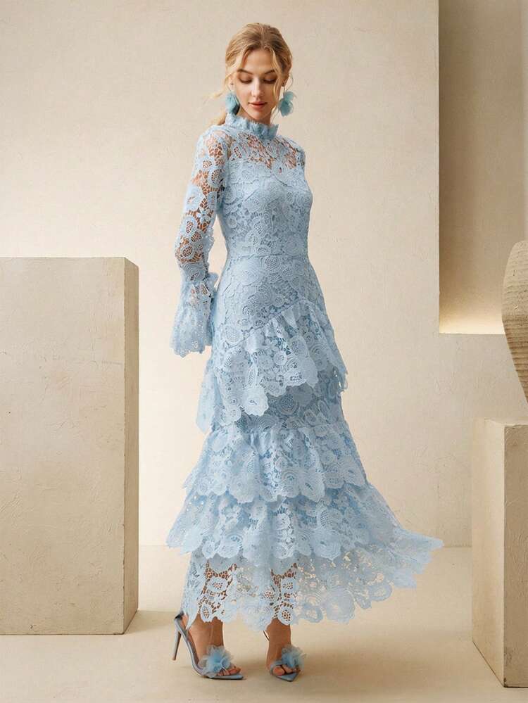Anewsta Vestido de manga larga con volantes, cintura ceñida y dobladillo con volantes, elegante para mujer, adecuado para primavera, Año Nuevo, fiesta, boda, elegante, estiloso, formal, trabajo, Acción de Gracias, graduación, Navidad, festival, elegante, Día de San Valentín - Celeste - Añade 5