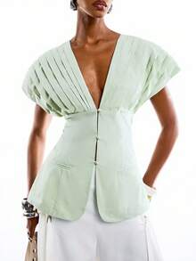 LYSMO 2026 New Arrive Minimalism Spring/Summer Women's Pleated Waist Cap Sleeve Blouse - Mint Green - View 5