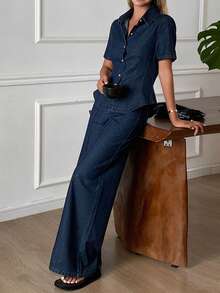 DAZY 女士翻领短袖收腰牛仔开衫搭配宽松牛仔裤休闲套装 - 深色水洗藍 - 查看 2