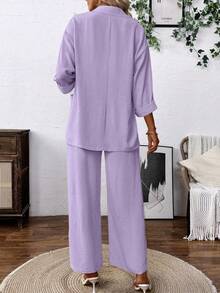 Breezaya Bộ vest áo khoác và quần chất liệu giả vải lanh, kiểu dáng thường ngày. - Màu tím - Xem 2