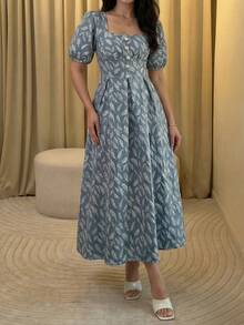 Mulvari Robe élégante et romantique à manches longues, taille cintrée et coupe évasée, en jacquard vert, pour le printemps/été - Vert - Voir 7