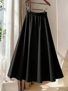 GlowEve CURVE Elegant Spring/Summer Versatile Commuting Umbrella Skirt, A-Line High Waist Skirt With Metal Buttons, Plus Size - Black - View 2