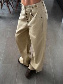 DAZY 女士纯色高腰休闲牛仔裤 Y2k - 卡其色 - 查看 3