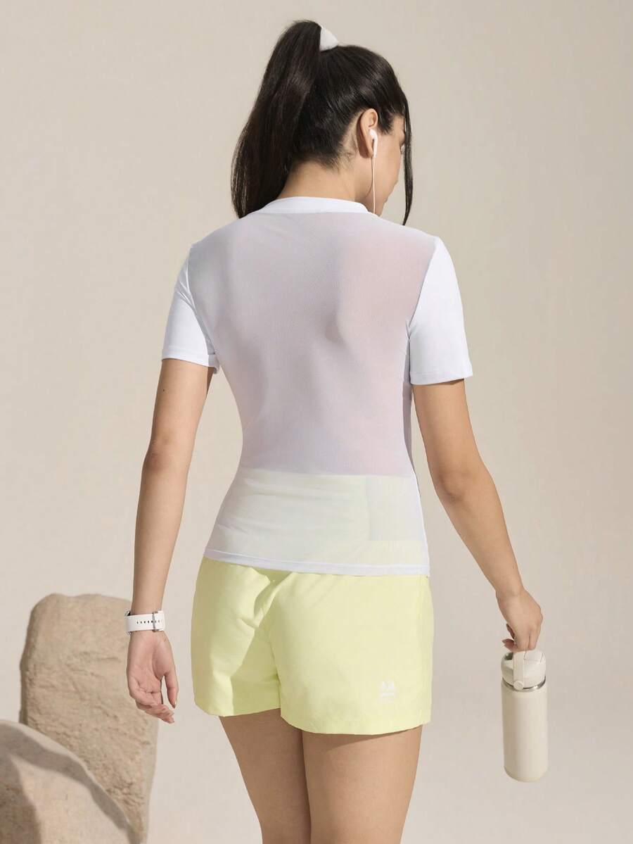 Exploreva Áo thun nữ ngoài trời phối lưới màu trơn - trắng - Xem 1