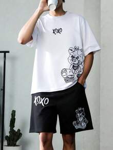 Vacaura 2pcs/Set Casual Cartoon Character Print T-Shirt Set For Teenage Boys, Suitable For Daily, Commuting, And Sports Wear - Black and White - View 3