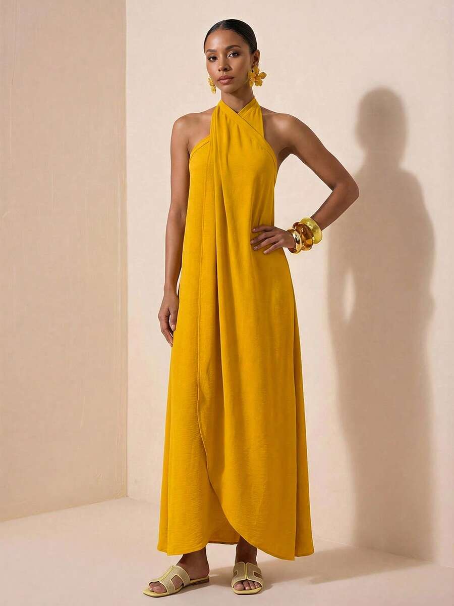 Zivah 2025春季新款音乐节休闲度假芥末黄露背吊带A字连衣裙 - 黃色 - 查看 1