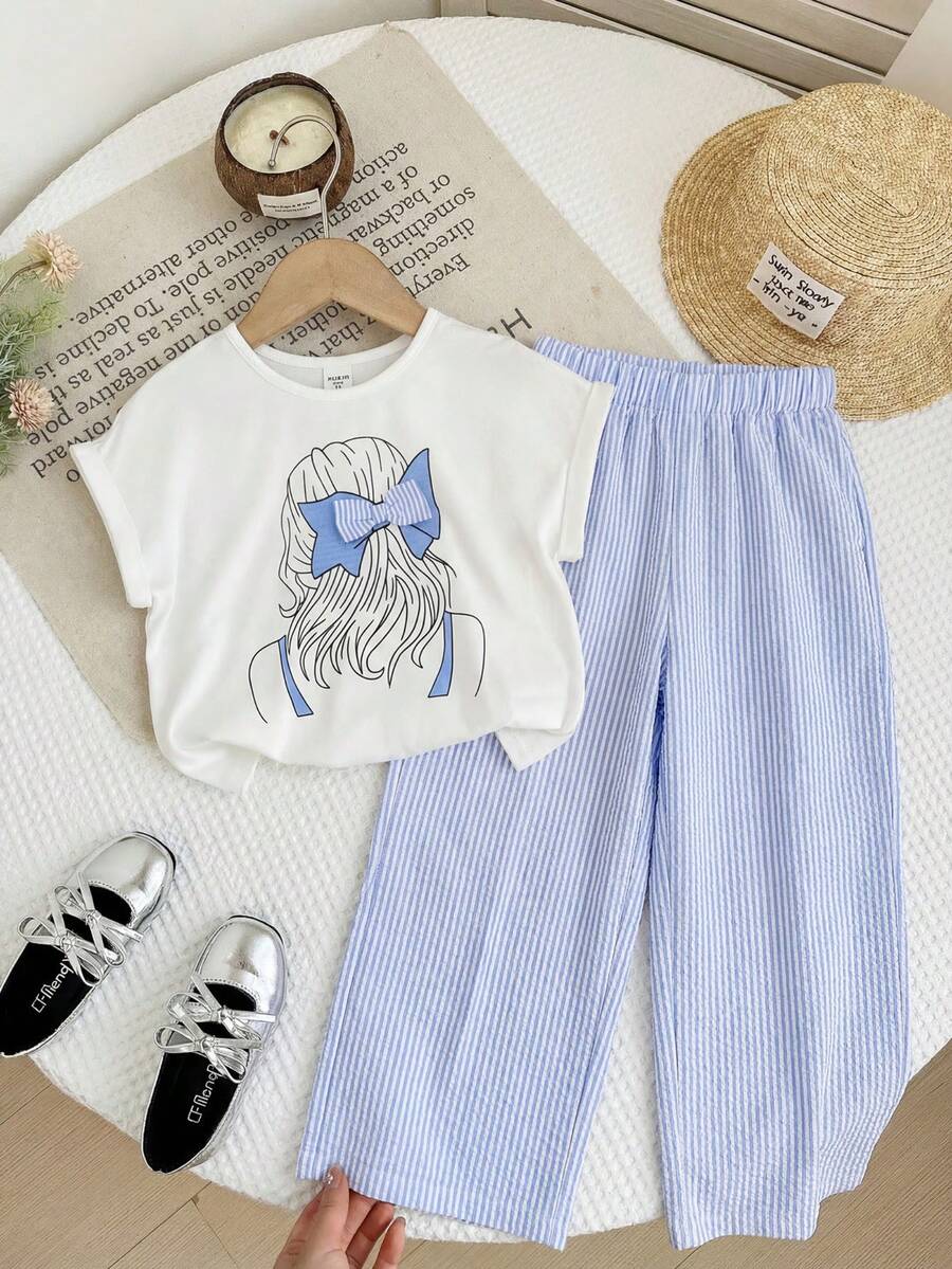 SHEIN LMoss Kids 两件套女童针织纯色圆领T恤和宽松蝴蝶装饰休闲裤套装 - 藍色 - 查看 1