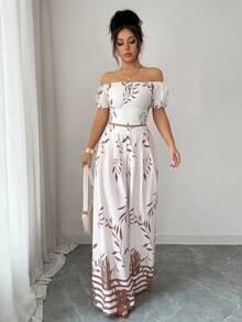 Elenzga Women's Vacation Plant Pattern Off-Shoulder Blouse And Wide-Leg Pants 2 Pieces Set - Apricot - View 5