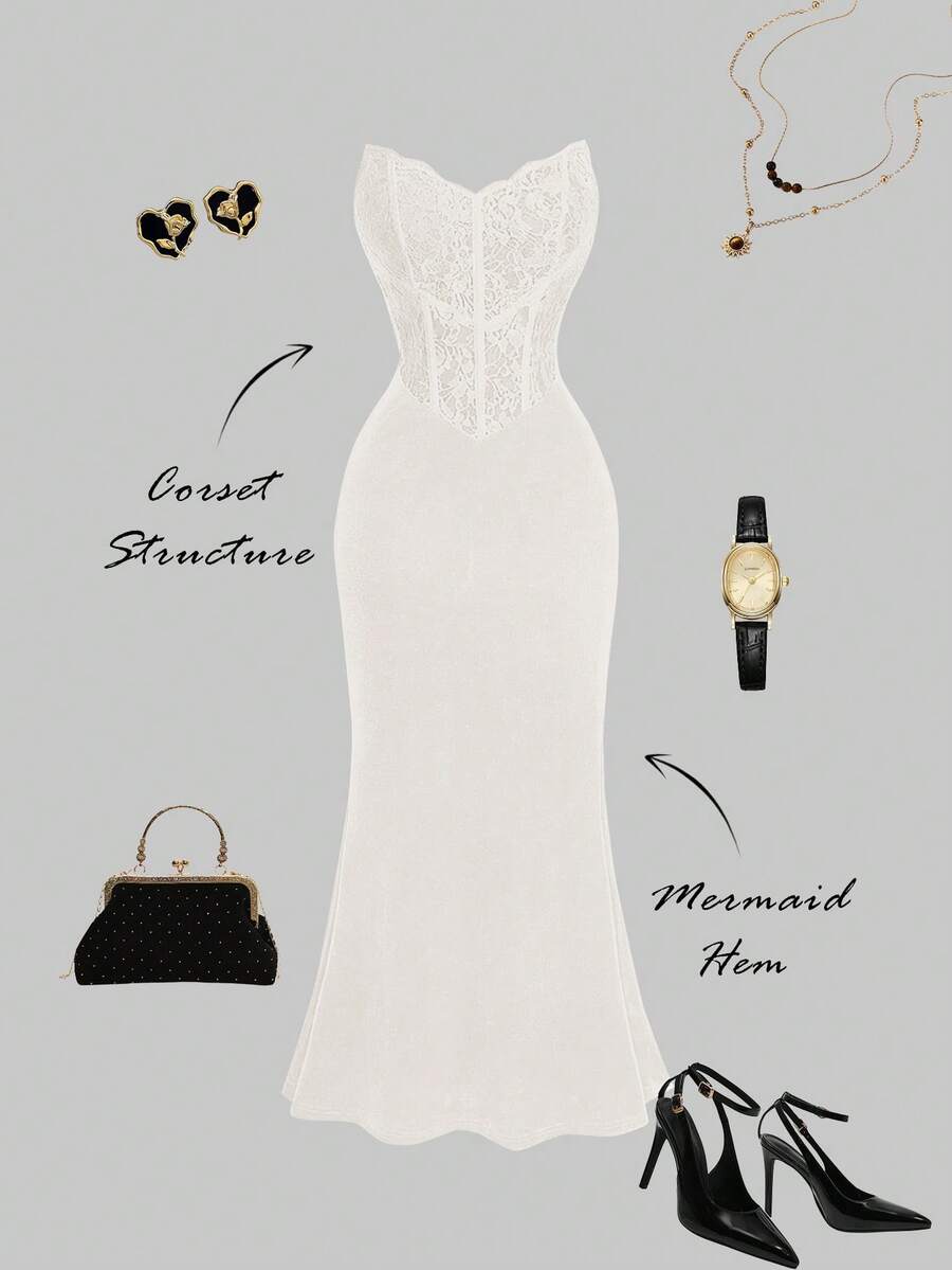SHEIN MOD Strapless Mermaid Silhouette Velvet Black Dress, Bridal Shower Outfit For Bride Gala Dinner Outfit Civil Wedding Outfit Date Night Women Outfit Dresses Wedding Outfit For Women - White - View 1