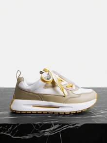 Vate Baskets plateforme respirantes et rembourrées pour femmes. Style casual sport avec semelle épaisse, lacets et blocs de couleurs. Idéales pour le port quotidien, les voyages, le printemps et l'été. Chaussures de sport en maille blanche - Kaki - Voir 2
