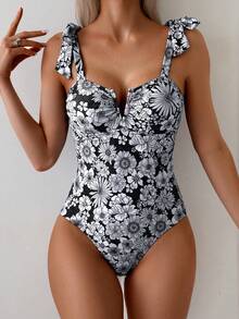 Swim Basics 女士修身印花无袖露肩夏季沙滩连衣裙 - 黑與白 - 查看 3