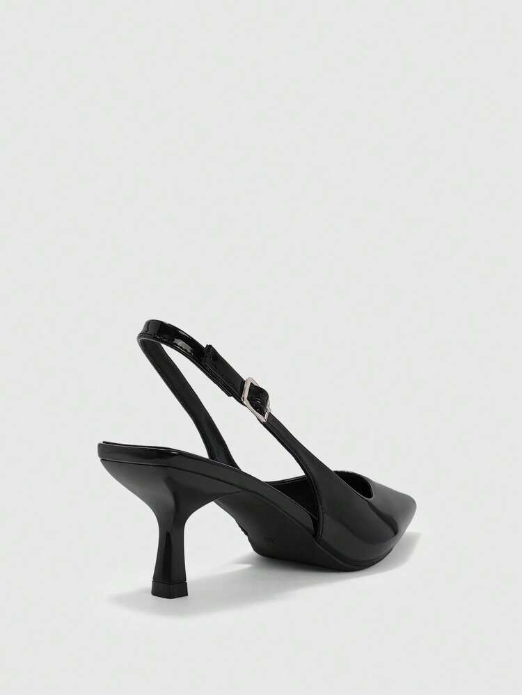CUCCOO BIZCHIC Women Shoes Spring And Summer New Pointed Thin Heel Medium Heel Black Comfortable Versatile Temperament Elegant Glossy Low Vamp Slingback Commuter Dating Daily Wear Solid Color Women's High Heel Shoes
