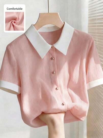 Franclia Plus Size Women's New Summer Elegant Pink Chiffon Blouse, White Collar, Loose Fit, Short Sleeve. Suitable For Summer, Carnival And Holiday Occasions. Features Include Metal Button Decor, Versatile Style, Contrast Collar, Loose Fit, Short Sleeve And Pleated Fabric. Graduation Season Outfit, Fashionable Casual Commuter Wear, Business Office Attire, Versatile Stylish Casual Daily Wear, Urban Professional Outfit