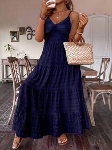 SHEIN Plus Size Navy Blue Plain Tiered Long Cami Dress Casual Ruffle Hem For Summer Vacation And Spaghetti Strap For Women Summer - Navy Blue - View 6