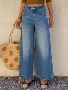 Women's Regular Mid-Waist Loose Straight Leg Casual Jeans - Medium Wash - View 2