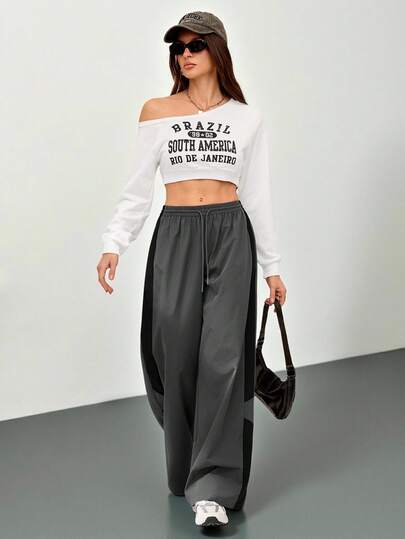 SHEIN Tall 女士秋季街头风演唱会锐舞节外出复古Y2K撞色灰色宽松阔腿裤