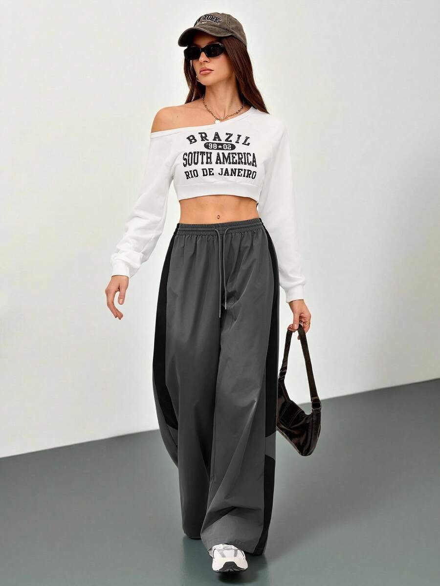 SHEIN Tall 女士秋季街头风演唱会锐舞节外出复古Y2K撞色灰色宽松阔腿裤