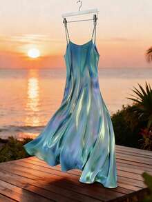 GlowEve Elegant Women's Long Satin V-Neck Slip Dress - Dusty Blue - View 2