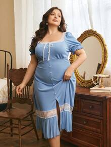 Côtesoire Elegant French Romantic Contrast Color Lace Patchwork Ruffle Button Comfortable Plus Size Nightgown - Blue - View 5