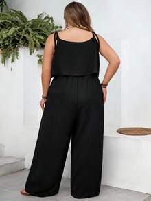 SHEIN CURVE+ Curve 尺码 US22 音乐节、海滨度假、波西米亚风女士休闲度假纹理纯色连体裤 - 黑色 - 查看 2