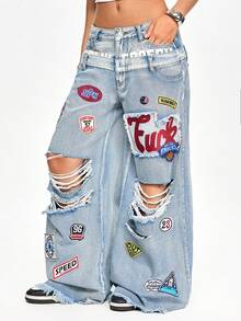 ROMWE Grunge Punk Loose Fit Denim Bermuda Shorts With Dual Waistbands - Blue - View 4