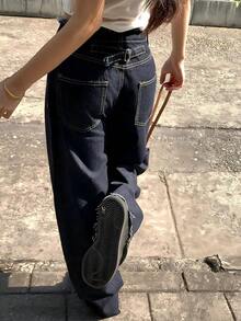 女士时尚毛边直筒宽松休闲牛仔裤 - 藍色 - 查看 7
